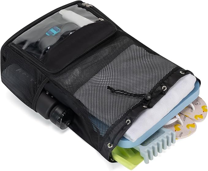 Drawstring Backpack Sandproof Beach Backpack with Shoe Compartment & Wet Pocket Waterproof Mesh Swim Bag Pool Bag for Gym, Travel and Workout Gear (Black)