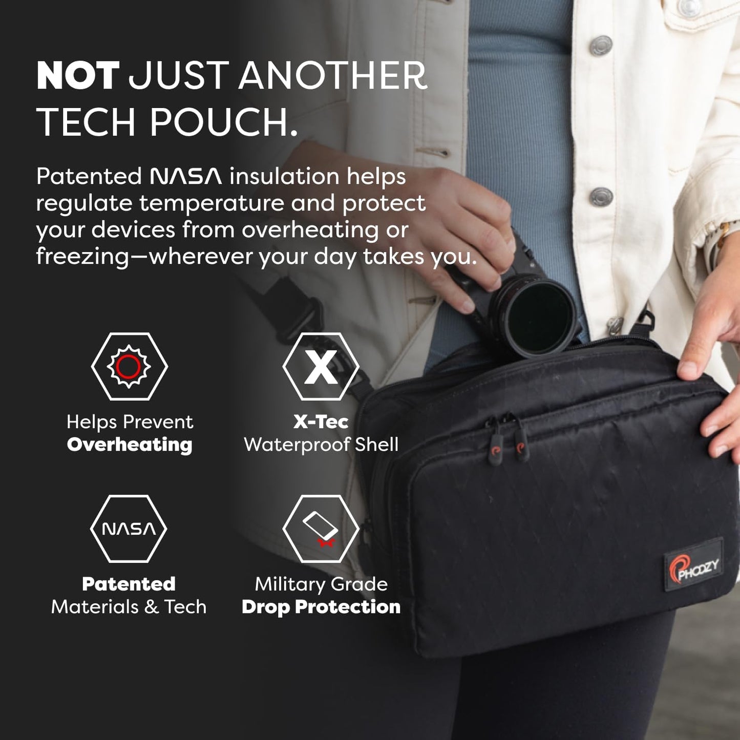 PHOOZY Premium Tech Bag & Cable Organizer Bag for Travel Accessories | Warm Weather Protection for Your Travel Essentials | Drop-Proof & Weatherproof with Skid Pad for Grip & Durability (BLACK)