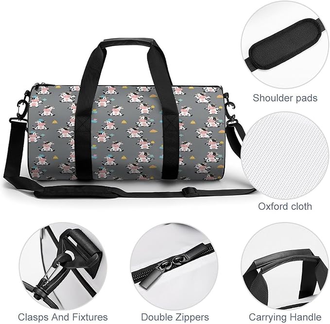 Dance Sports Gymnastics Bag Cute Cartoon Cow Print Foldable Gym Bags Lightweight Travel Sports Bag Unisex Gym Duffel Bags