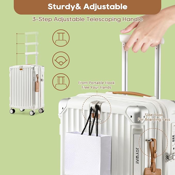 Joyway 5 Piece Luggage Set with Cup Holder, Expandable 25% Capacity, Includes Handbag, Anti Slip Wheels, Hook, Smart Carry On Suitcase for Men and Women, Spinner Travel White