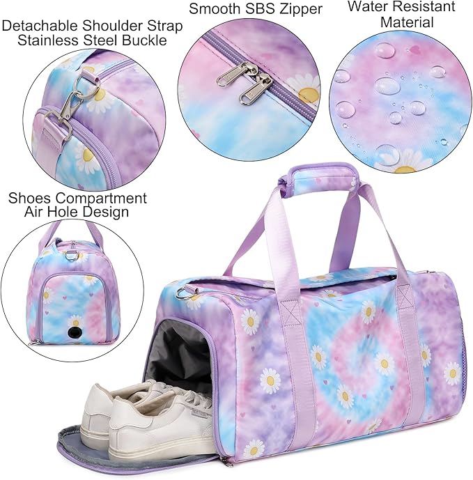 Dance Bag for Girls Sports Duffle Weekender Overnight Ballet Sports Gym Bag with Shoes Compartment (Tie Dye Daisy Purple)