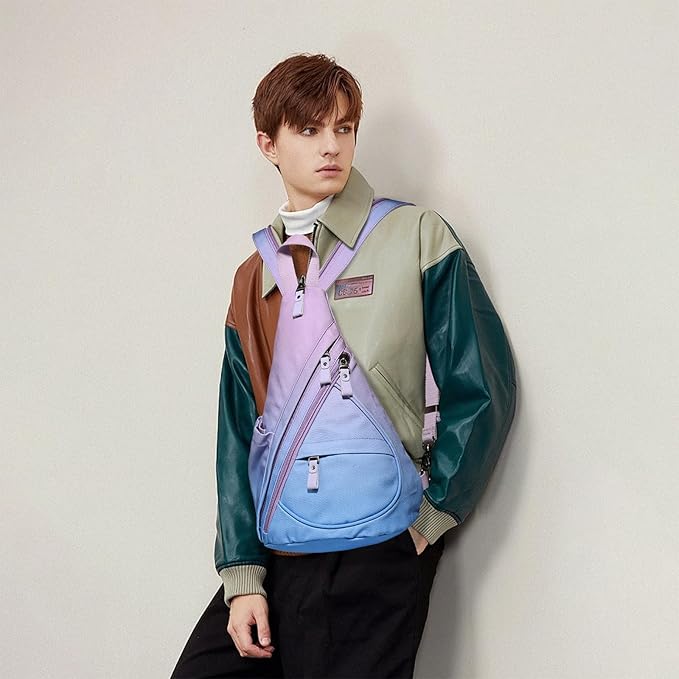 KL928 Canvas Sling Bag - Small Crossbody Backpack Shoulder Casual Daypack Rucksack for Men Women(Large Version,PalePurple+SkyBlue)