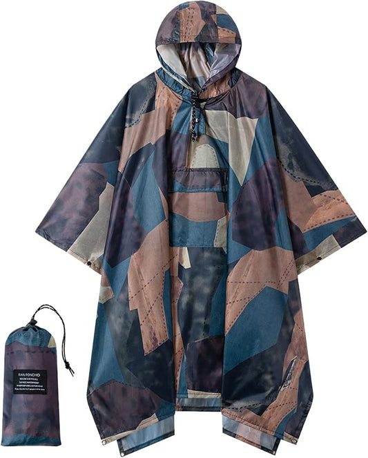 Hooded Rain Poncho for Adults - Waterproof Rain Coat and Lightweight Jacket 3-in-1 Multi-Function with Pockets