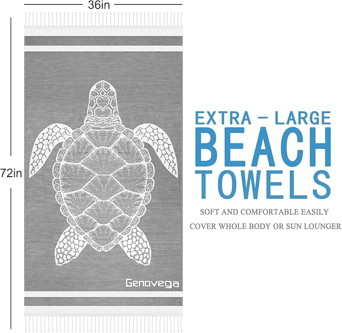 Genovega Oversized Cotton Turkish Beach Towels 72"x36" Lightweight Quick Dry Sandless Pool Swim Towel Large No Sand Adult Travel Compact Blanket Essentials Cruise Accessories Must Haves Grey Turtle
