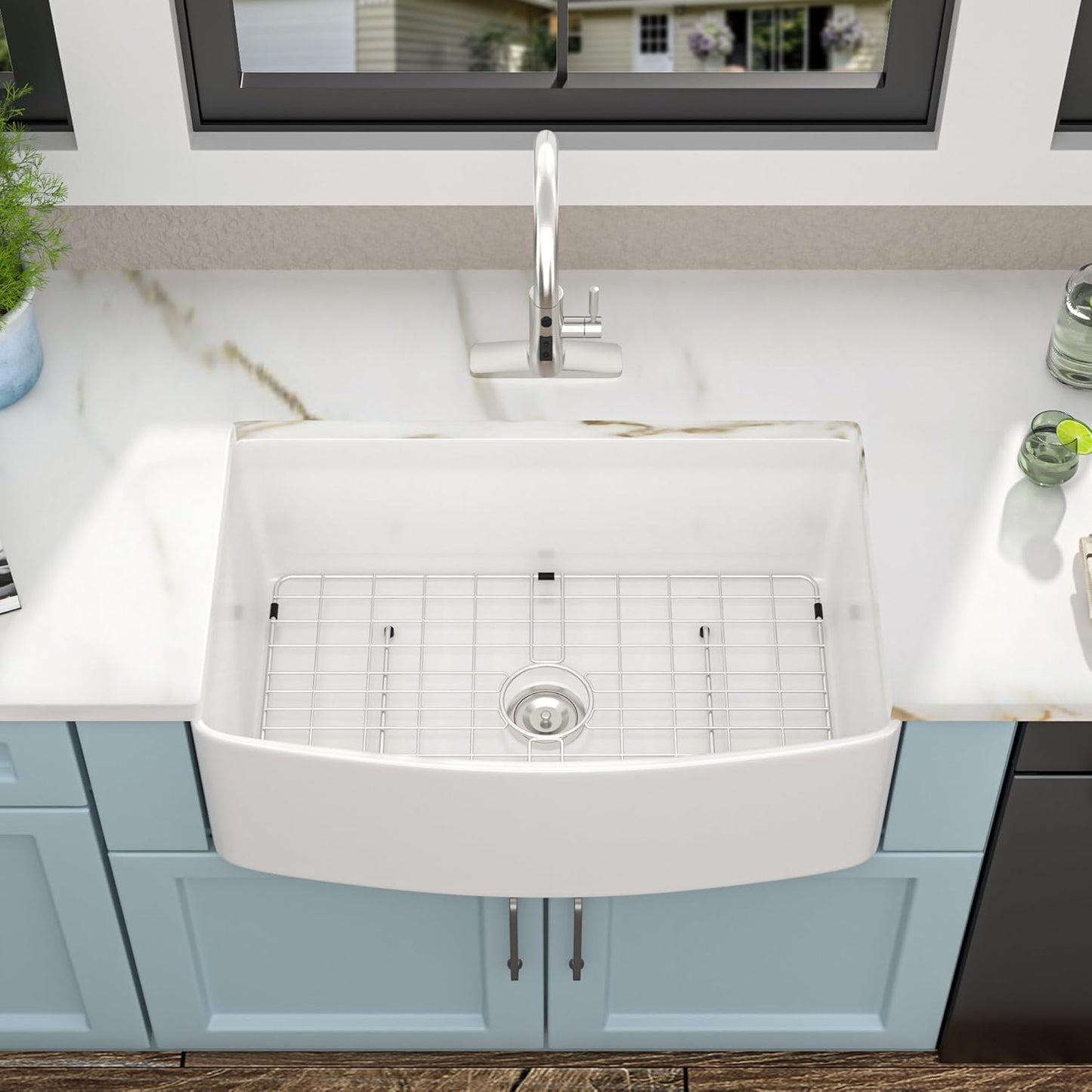 33x19 Farmhouse Kitchen Sink - Farm Curved Apron Front Ceramic Porcelain Fireclay Single Bowl Basin