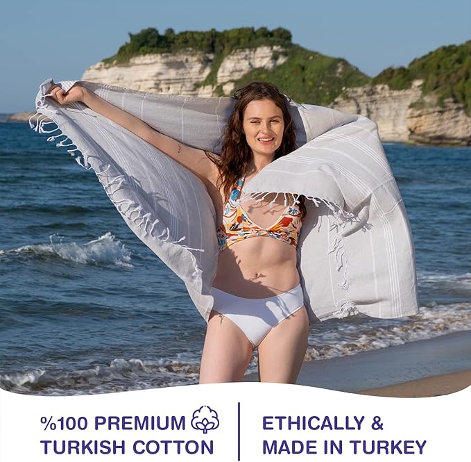 Turkish Beach Towels, Bulk Case of 36 | Oversized, Quick Dry, Sand Free | 100% Cotton, Large 38x71 Towels for Beach, Pool, Travel | Ultra-Soft, Compact, Absorbent | Light Gray