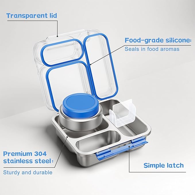 Stainless Steel Bento Box Kids Adult with 7oz Insulated Food Jar, Transparent Lid Metal Lunch Box With Soup Thermal Jar, Lunch Box Container with Removable Divider & Sauce Cup School (Blue)