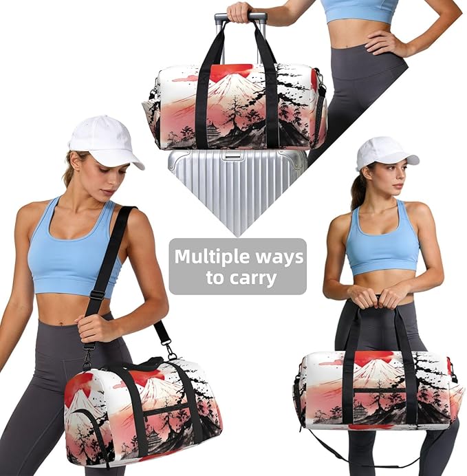 Sports Gym Bag Japan Traditional Sun Fuji Mountain Art Painting Travel Duffel Bag With Shoe Compartment Shoulder Strap, Lightweight Water-Resistant Weekend Overnight Totes For Women Men