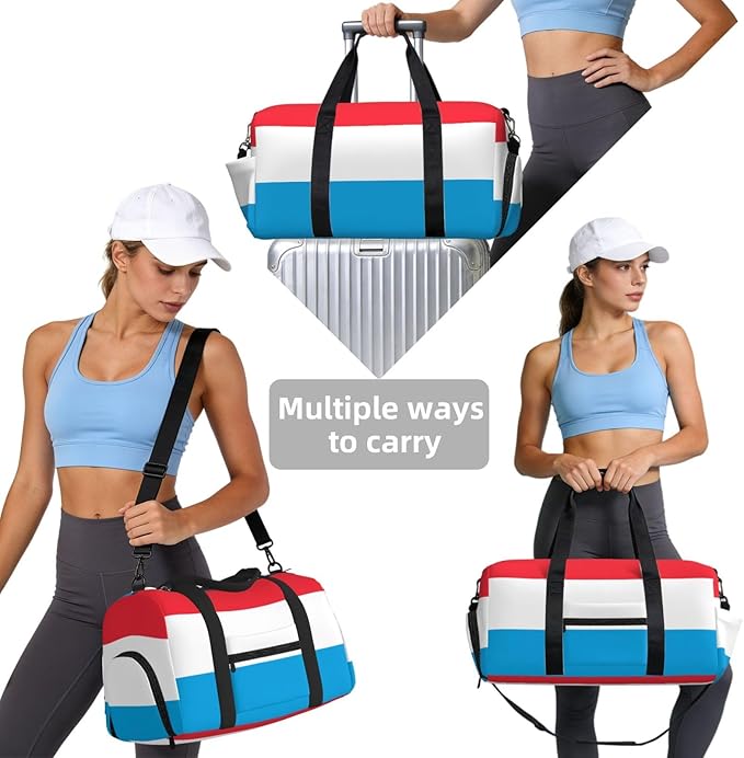 Luxembourg flag Print Gym Bag with Shoe Compartment for Women Men, 17.7in Sports Duffle Weekender Tote, Overnight Travel Duffel Bag Carry On