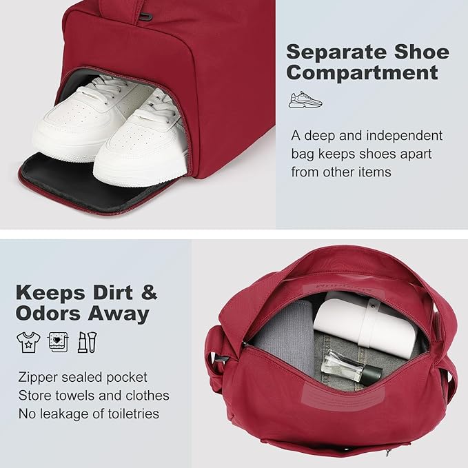 Women's Mini Gym Bag Crossbody, Everyday Sling Duffel with Shoe Compartment & Wet Pocket, Water-Resistant Travel Bag, Wine Red