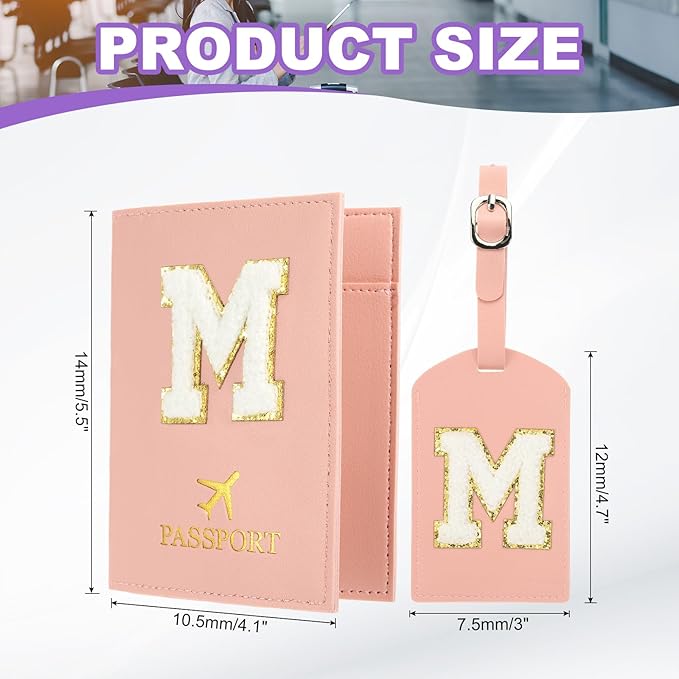 PATIKIL Passport Holder for Travel, Initial Passport Cover and Luggage Tag Set with Alphabet Chenille Letter Patch Travel Wallet Bag Suitcase Identifier for Women Family Travel Pink M