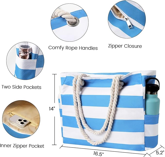 Clothirily Beach Bag for Women - Large Beach Tote Bag, Waterproof Sandproof Beach Bag with Zipper, Large Swim Pool Beach Tote