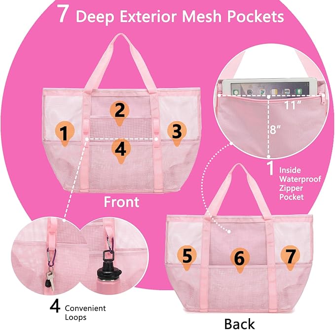 Mesh Beach Bag with Zipper, Large Beach Tote for Women, Toys Pool Swim Bag Travel Vacation Cruise Essentials