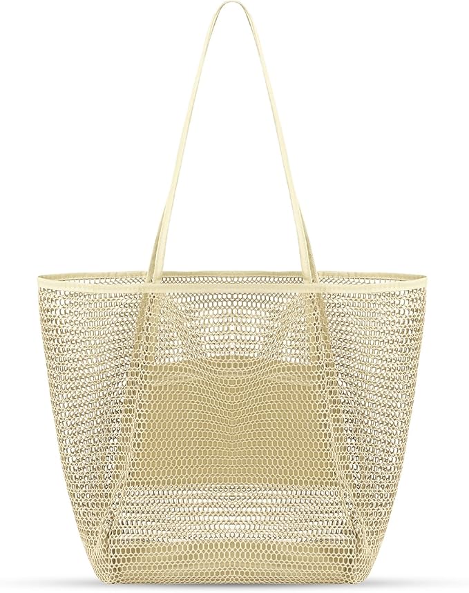 Tavaleu Mesh Beach Bag, Beach Bags for Women, Woven Straw Beach Tote Bag Waterproof with Inner Pocket, Packable Beach Bag