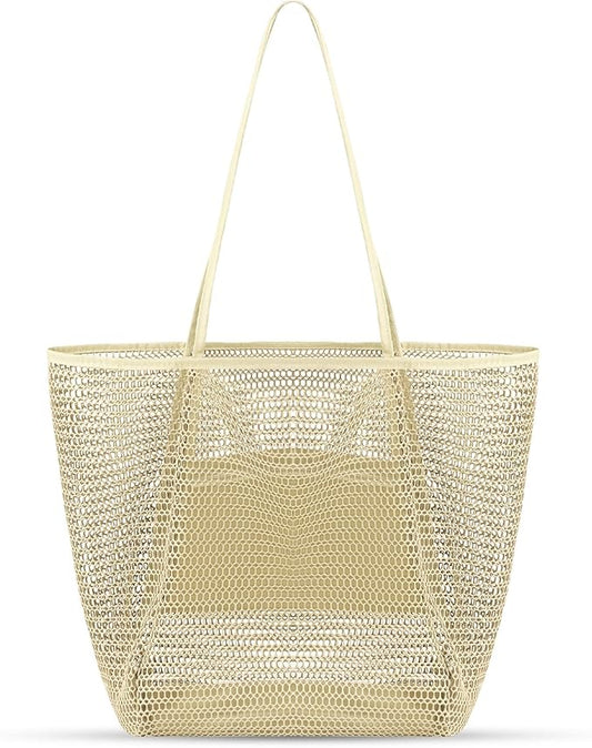 Tavaleu Mesh Beach Bag, Beach Bags for Women, Woven Straw Beach Tote Bag Waterproof with Inner Pocket, Packable Beach Bag