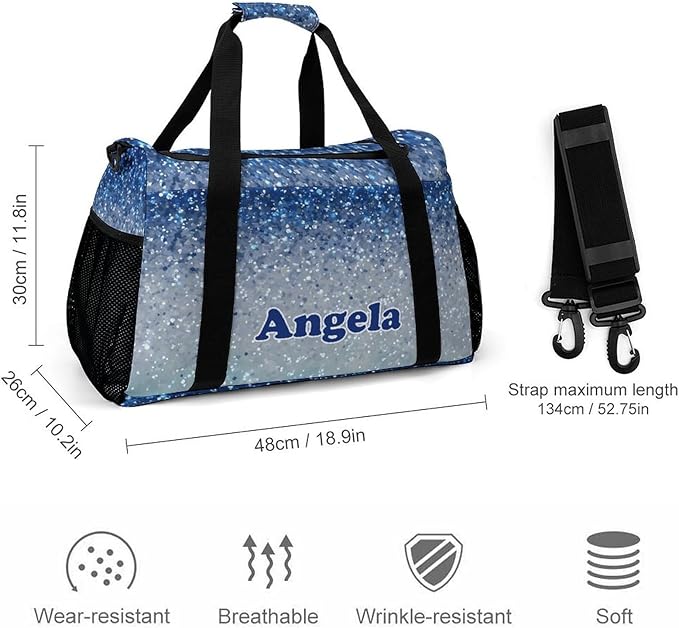Blue Sparkly Print Custom Sports Bag Names for Adult Personalized Name Duffle Gym Bag Travel Weekender Lightweight Bags