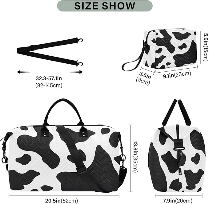 Travel Duffle Bag, Cow Skin Print Gym Bag with Storage Bag Weekender Overnight Bag for Men Women Trip Sports Yoga