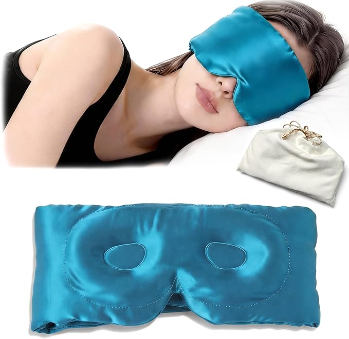 100% Mulberry Silk Sleep Mask for Women & Men – 22 Momme 6A Grade, 3D Contoured Total Blackout Eye Mask for Side Sleepers, Eyelash Extensions, Adjustable Strap, Breathable Blindfold (Peacock Blue)