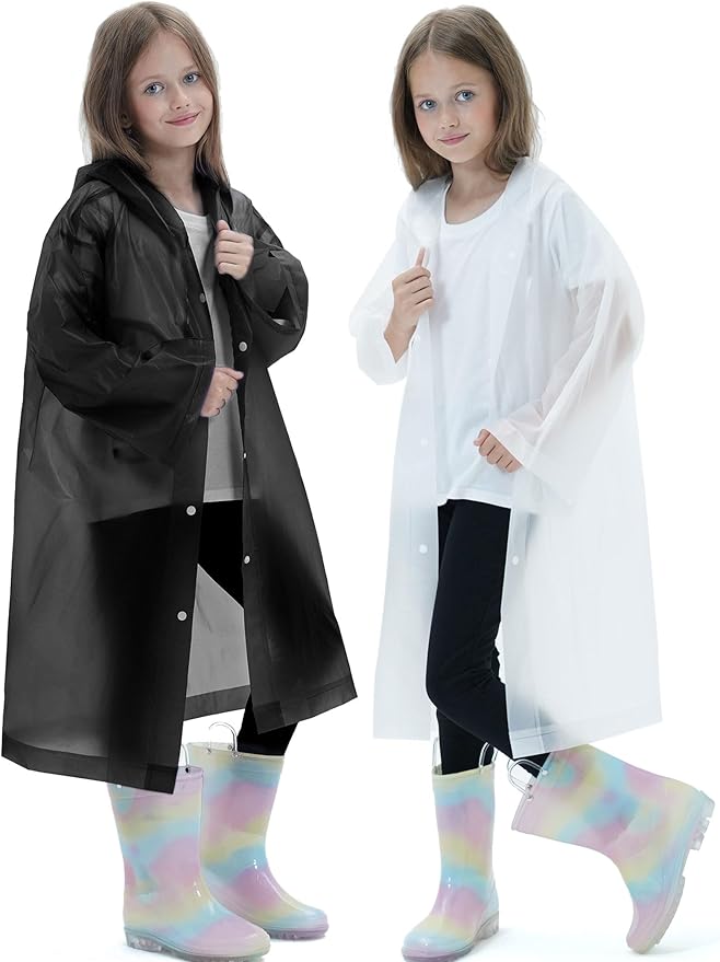 2 Pack Raincoats for Kids, Reusable Rain Ponchos with Hood and Sleeves Rain Coats for Boys and Girls