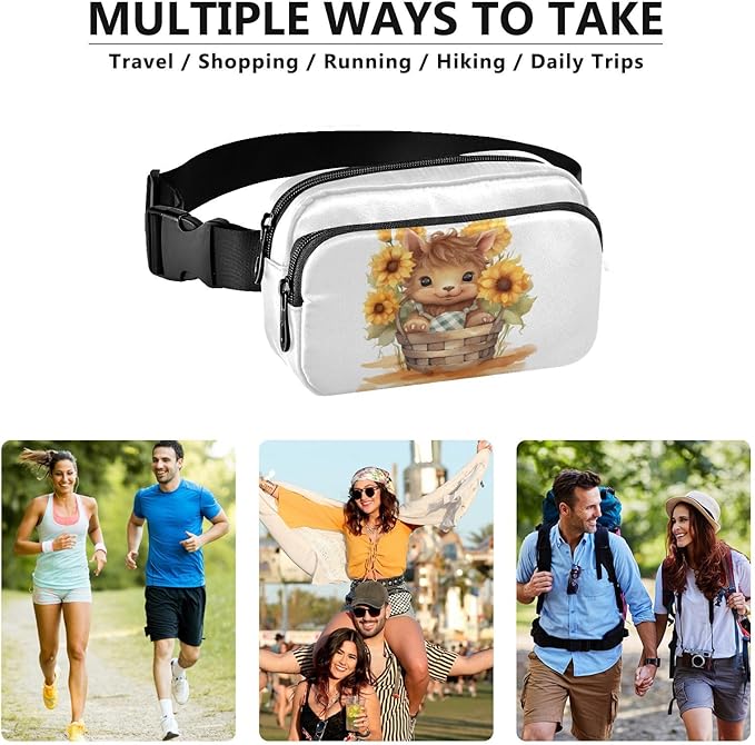Kawaii Highland Cow Sunflowers Basket Fanny Pack for Women Men Water Resistant Fashion Waist Packs with Adjustable Strap Belt Bag for Travel Workout Jogging Hiking 21218104