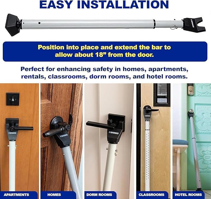BRINKS Door Security Bar - Adjustable Brinks Door Security Bar for Travel, School, Dorm and Home - Door Jammer for Hinged Doors and Sliding Door Security – Silver