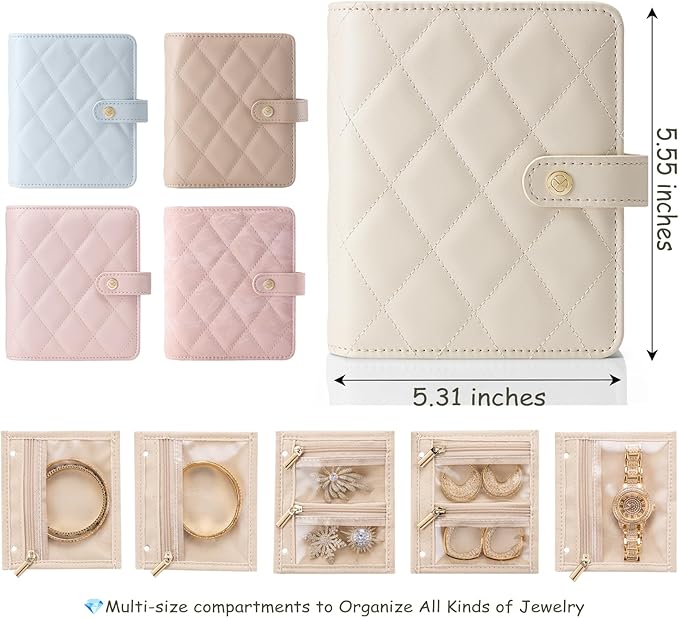Vlando Small Jewelry Book Organizer - Leather Travel Jewelry Case with 5 Detachable Pages for Necklaces, Rings, Earrings, Tangle-Free, Giftable,Barely Pink