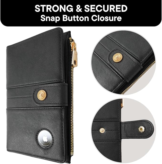 elzama Women's RFID Blocking Passport Wallet, Black with Airtag Holder, Includes Keychain & Pen Holder, Zippered, 11 Pockets, Faux Leather, Slim
