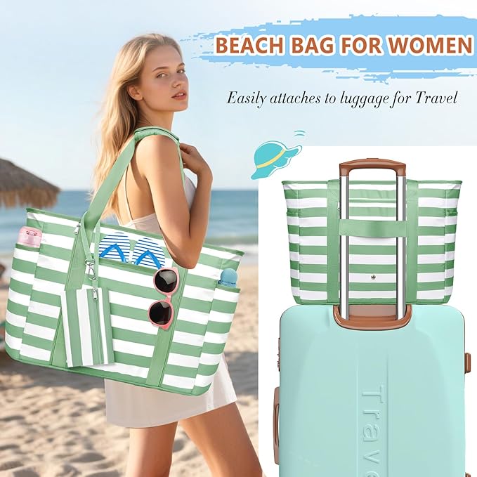 Extra Large Beach Bags for Women, Waterproof Sandproof Beach Tote Bag Foldable Swim Pool Bag with Zipper and Wet Pocket
