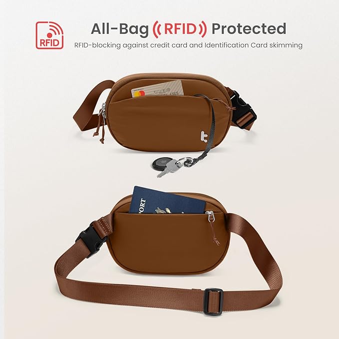 tomtoc Belt Bag with RFID Blocking, 1.5L Cross Body Fanny Pack for Women Men, Sling Waist Bags with Adjustable Strap for Travel Walk