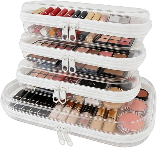4Pcs/3S+1M Clear Hard Shell Zippered Travel Case – Plastic Organizer Pouch for Toiletries, Cosmetic Bag, Diaper Bag & Packing Accessories (White, Set B)