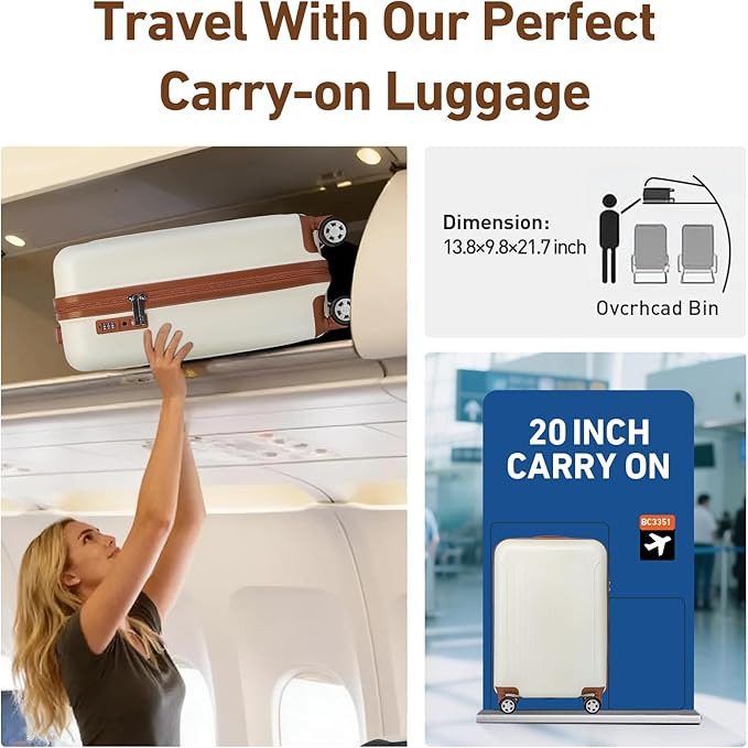 KYME Carry On Luggage Sets 3 Piece 20 Inch Suitcase Set with Duffel Bag ABS+PC Hardshell Travel Luggage with Spinner Wheels TSA Lock (Beige, 3Pcs Set)