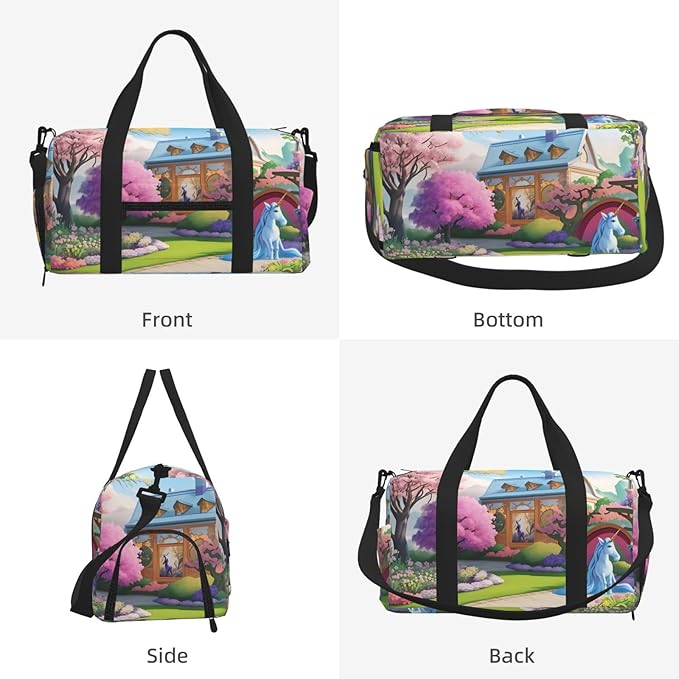 Unicorn Fairy Tale Print Gym Bag with Shoe Compartment for Women Men, 17.7in Sports Duffle Weekender Tote, Overnight Travel Duffel Bag Carry On