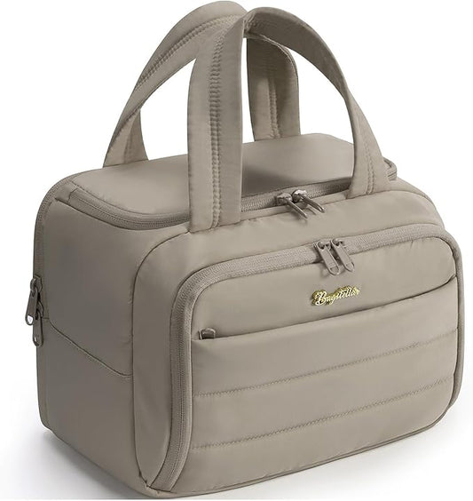 Travel Toiletry Bag for Women, Lightweight Large Quilted Puffy Makeup Bag Wide-open Make up Organizer Cloud Cosmetic Bag w/Handle for Traveling, Toiletries, Essentials, Accessories Oatmeal