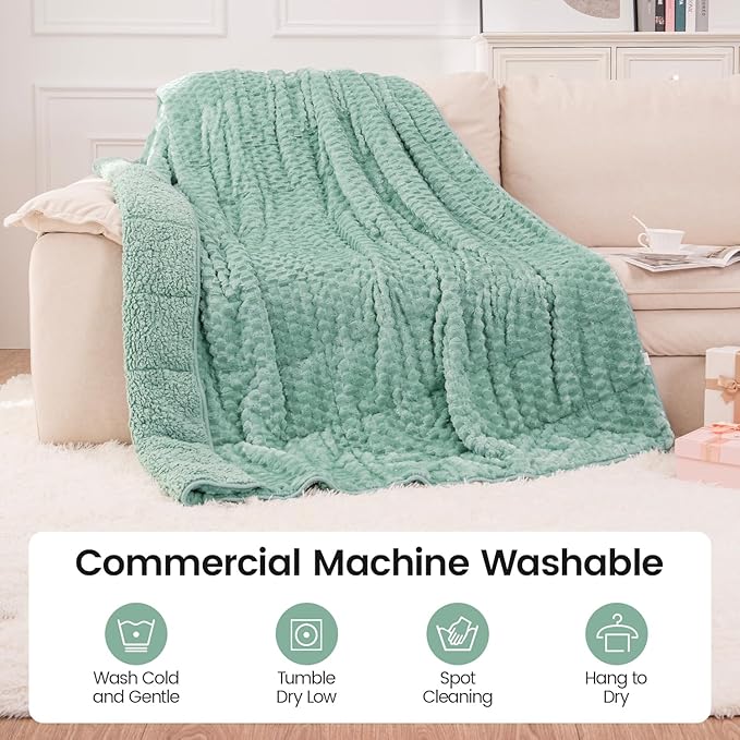 Super Fuzzy Soft Fleece Sherpa Weighted Blanket 15 lbs for Adults, 3D Imitation Turtle Shell Luxury Weighted Throw for Better Sleep, Dual Sided Cozy Heavy Blankets for Couch Bed, Sage Green, 48" x 72"