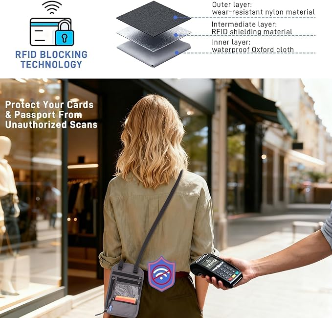 2-Pack Large RFID Blocking Passport Holder for Travel, Hidden Neck Wallet with Phone Pocket, Lightweight Under-Clothing Pouch Fits 7-inch phone & 2 Passports, Anti-Theft Organizer(Black & Dark Gray)