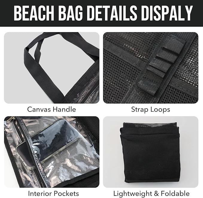 Large Mesh Beach Tote Bag, 9-Pocket Foldable Summer Vacation Beach Bag for Travel, Pool, Gym, Cruise