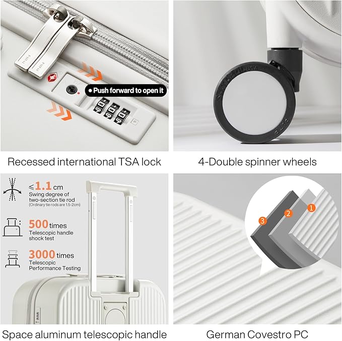 mixi Checked Luggage with Cup Phone Holder Hard Shell Rolling Travel Suitcase with Spinner Wheels,24 Inch Smoke White