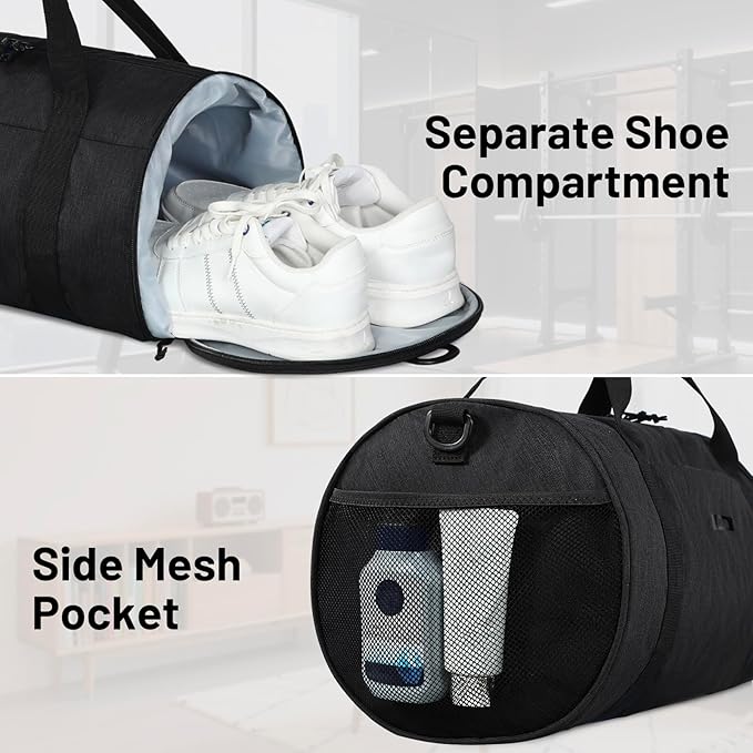 MIER Gym Bag Round Duffle Bag with Shoe Compartment & Wet Pocket, Lightweight Carry on Duffel for Men Women Workout Fitness Travel Sports, 24L, Black