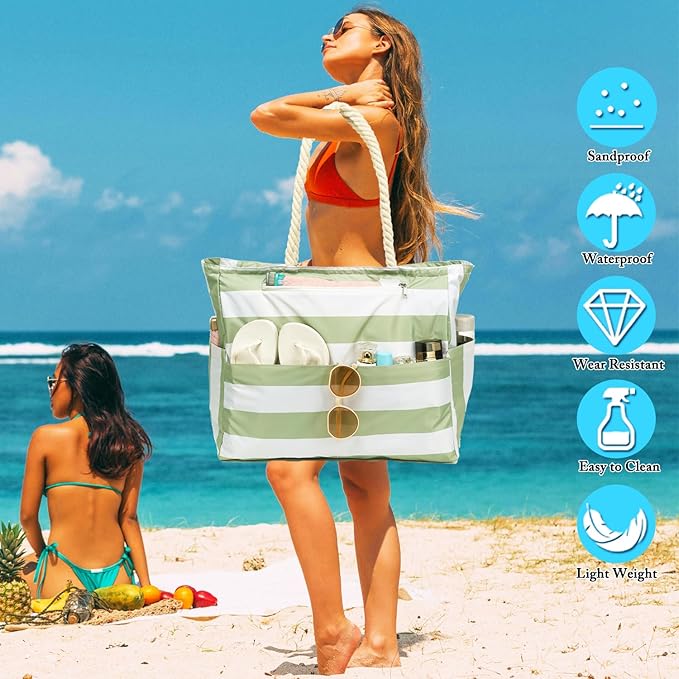 Large Canvas Beach Bag for Women, Beach Bags Waterproof Sandproof with Zipper & Wet Bag Cruise Essentials