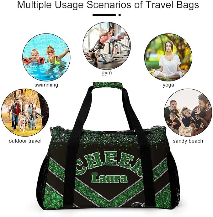 Personalized Cheer Bag Gifts for Girls Sport Cheerleading Gym Travel Duffel Bag Overnight Weekender Bags with Name (Green)