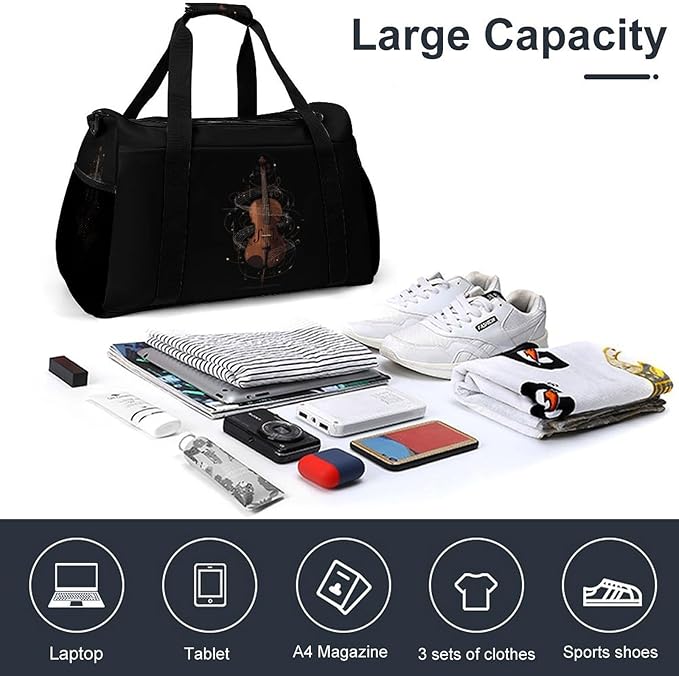Violin Music Notes Duffle Bag Gym Bag for Workout Travel Tote with Detachable Straps