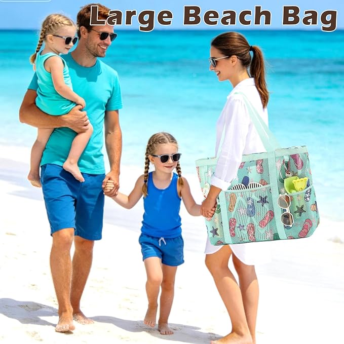 Mesh Beach Bag with Zipper, Large Beach Tote for Women, Toys Pool Swim Bag Travel Vacation Cruise Essentials