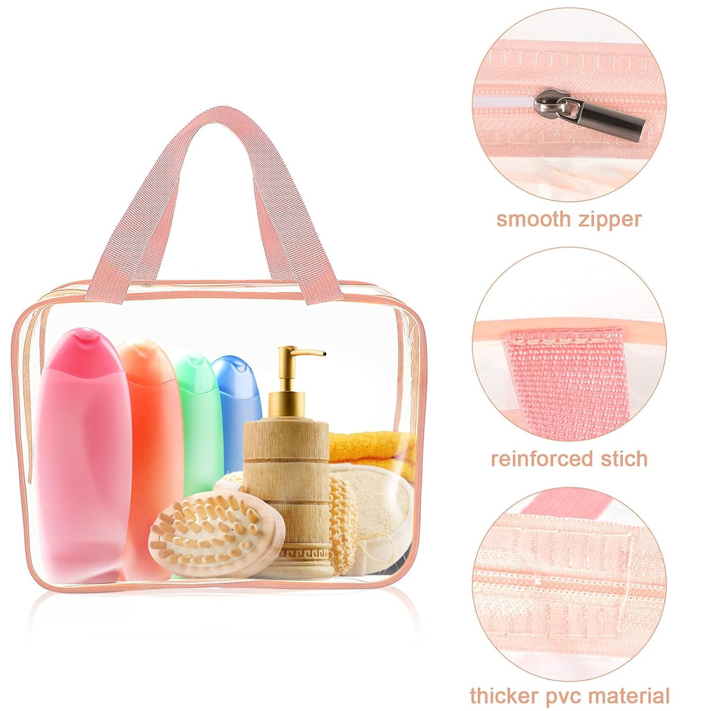 APREUTY Clear Makeup Bags, TSA Approved 6 Pcs Cosmetic Makeup Bags Set Clear PVC with Zipper Handle Portable Travel Luggage Pouch Airport Airline Vacation Organization (Pink)