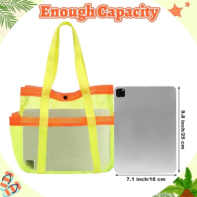 Mesh Beach Bag, Foldable Waterproof Sandproof Beach Storage Tote with 6 Pockets, Swim Tropical Vacation Pool Essential