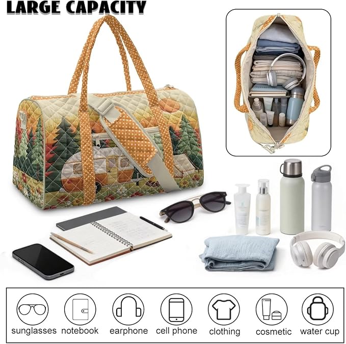 COEQINE Quilted Duffle Bag For Women Travel Quilted Tote Bag Large Car Orange Camper Vans Forest Print Overnight Luggage Bag with Trolley Sleeve