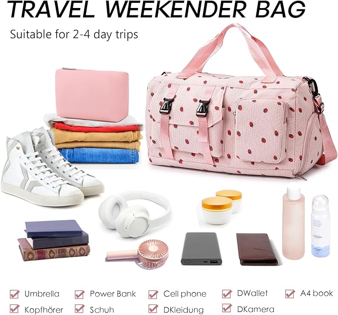 MYHOZEE Strawberry Corduroy Duffel Bag for Women, Gym Bag with Shoe Compartment & Wet Dry Pocket, Lightweight Travel Bag with Adjustable Strap, Sports Weekender Overnight Bag for Work Swimming Yoga