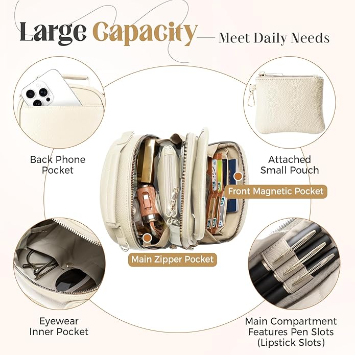 Vegan Leather Crossbody Bag for Women with 2 Straps, Small Messenger Bag with Anti Theft Zipper Pocket Vintage Shoulder Bag