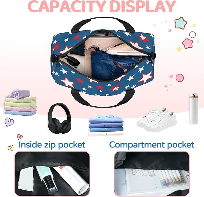Red White Stars Travel Duffle Bag for Women Men, Overnight Weekender Bag, Carry on Tote for Sport Gym