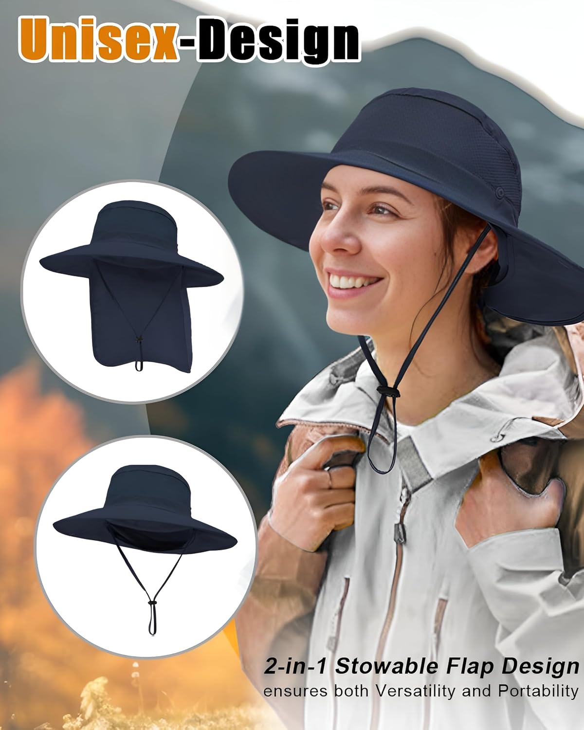 Outdoor Sun Hats with Stowable Neck Flap for Men Women UPF 50+ Mesh Summer Bucket Hat Wide Brim for Fishing Safari Hiking