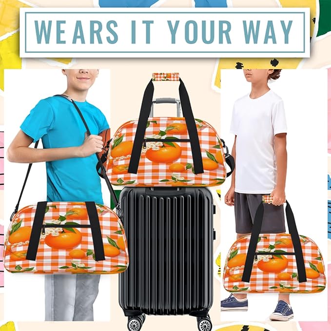 Gym Bag for Women Men, Orange Plaid Orange Flower Travel Duffle Bags for Dance Ballet Overnight, Carry-On Weekender Bag with Detachable Shoulder Strap